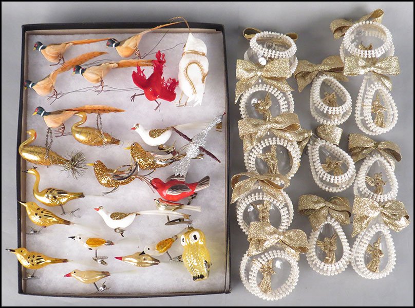 COLLECTION OF CLIP-ON BIRD CHRISTMAS ORNAMENTS.: COLLECTION OF CLIP-ON BIRD CHRISTMAS ORNAMENTS. Together with assorted other bird ornaments and twelve beaded shadow box ornaments with gold angels within. Cilp-on birds consist of six glass with spri