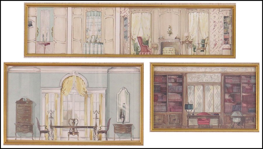 THREE FRAMED INTERIOR DESIGN ILLUSTRATIONS.: THREE FRAMED INTERIOR DESIGN ILLUSTRATIONS. Watercolor on board. Bearing tag verso "Charlotte Olson, Design Consultant" Largest frame: 9.5" x 23"