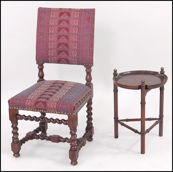 HENREDON OAK JACOBIAN STYLE BARLEY TWIST SIDECHAIR.: HENREDON OAK JACOBIAN STYLE BARLEY TWIST SIDECHAIR. Bearing a high back, upholstered seat, and nailhead trim. Together with a mahogany occasional side table with a circle top and a triangle form base