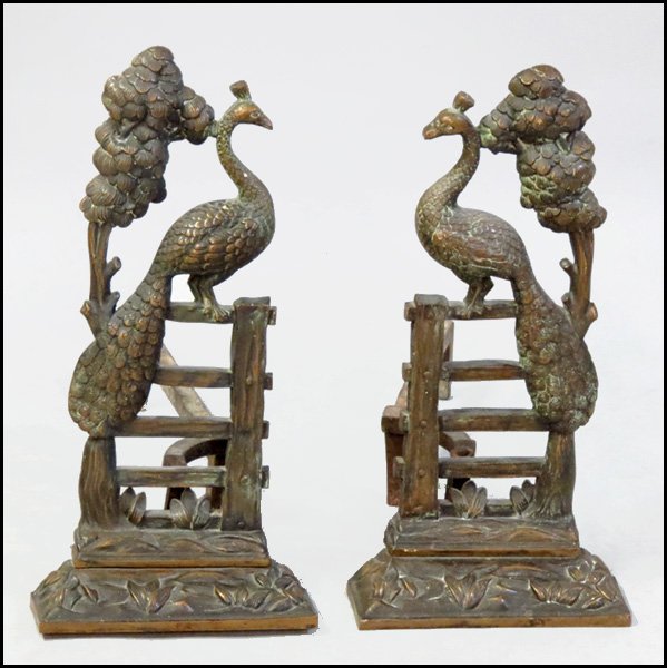 PAIR OF PEACOCK FORM ANDIRONS.: PAIR OF PEACOCK FORM ANDIRONS. Height: 21"