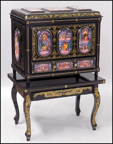 RUSSIAN PAINTED AND LACQUERED BOX.: RUSSIAN PAINTED AND LACQUERED BOX. Raised on a coordinating stand (19" x 27" x 17") Box: 23" x 27" x 16.5"