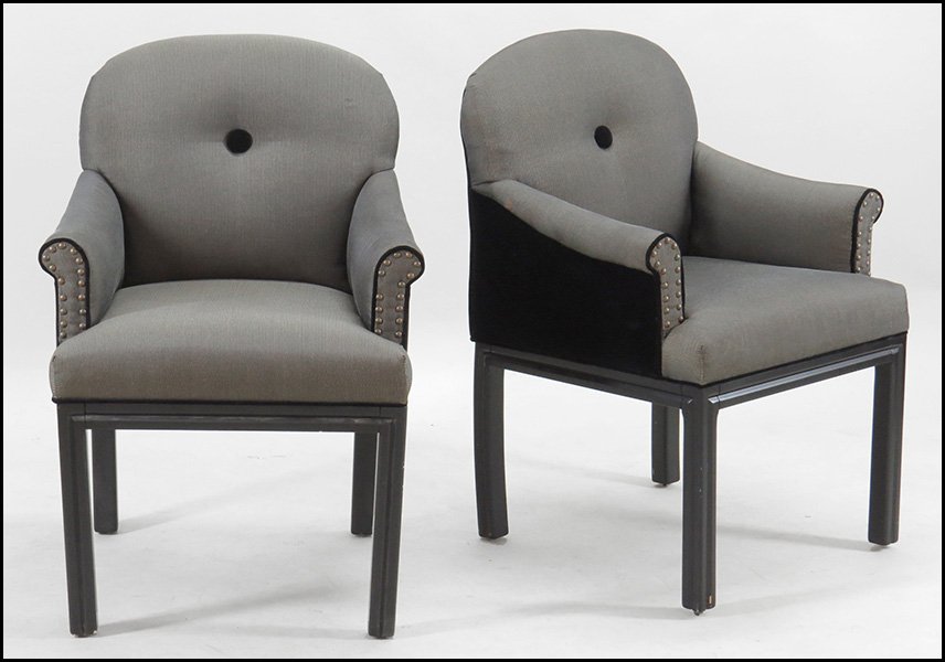 SET OF FOUR CONTEMPORARY EBONIZED WOOD CLUB CHAIRS.: SET OF FOUR CONTEMPORARY EBONIZED WOOD CLUB CHAIRS. Bearing a single tufted button backrest, velvet upholstered rear panel, and rolled arms Each: 36" x 23" x 23"