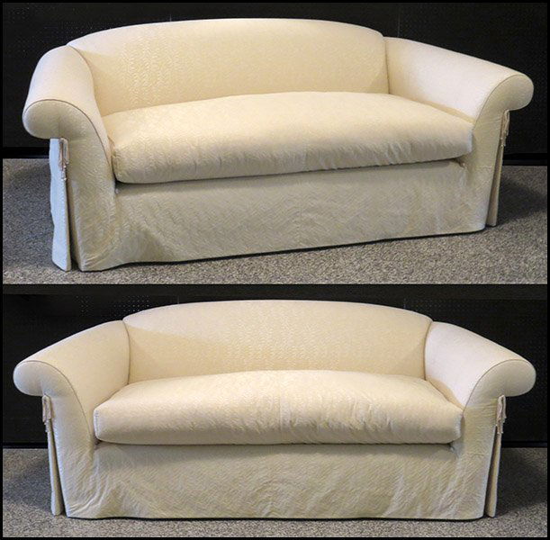 PAIR OF SALLY SIRKIN LEWIS FOR J. ROBERT SCOTT SOFAS.: PAIR OF SALLY SIRKIN LEWIS FOR J. ROBERT SCOTT SOFAS. Contemporary upholstered sofas, bearing labels under cushion Each: 33" x 86" x 40"
