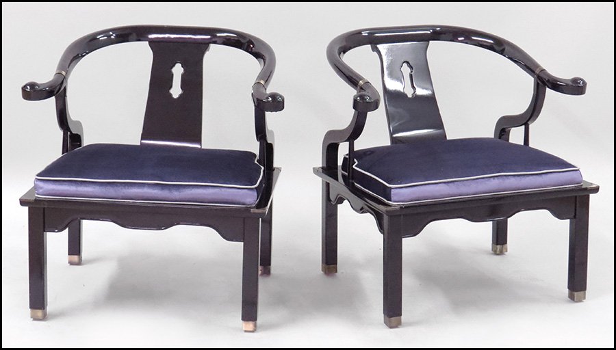 PAIR OF CHINESE EBONIZED AND LACQUERED WOOD YOKE-BACK C: PAIR OF CHINESE EBONIZED AND LACQUERED WOOD YOKE-BACK CHAIRS. Bearing upholstered silk seats Back H: 30''