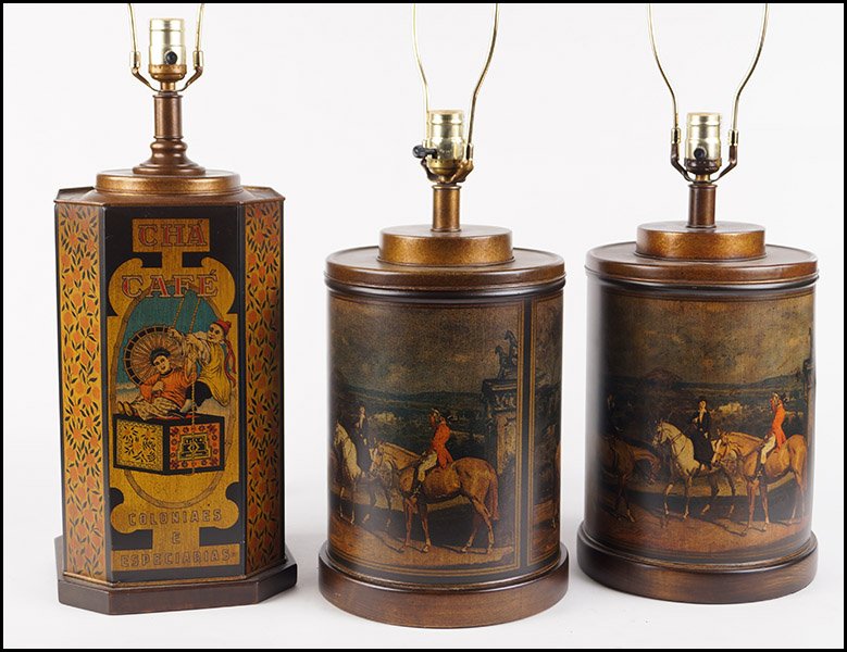PAIR OF FAUX CANISTER TABLE LAMPS.: PAIR OF FAUX CANISTER TABLE LAMPS. Depicting an equestrian scene. Together with a faux canister Chinoiserie decorated lamp (18" x 8") 15" x 9"