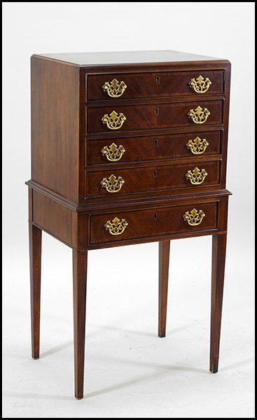 DREXEL HERITAGE MAHOGANY SILVER CHEST.: DREXEL HERITAGE MAHOGANY SILVER CHEST. Bearing five drawers and flatware liners. In the campaign style H: 42''