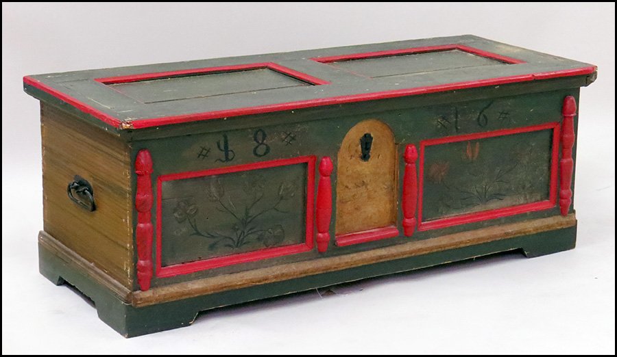 GERMAN PAINTED PINE BLANKET CHEST.: GERMAN PAINTED PINE BLANKET CHEST. Bearing painted decoration, and dated 1816 H: 25" W: 65" D: 27"