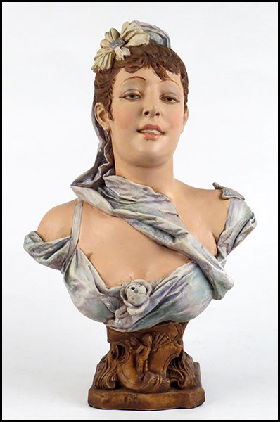 PAINTED PLASTER VICTORIAN FEMALE BUST.: PAINTED PLASTER VICTORIAN FEMALE BUST. Signed "Thili '93" H: 24''