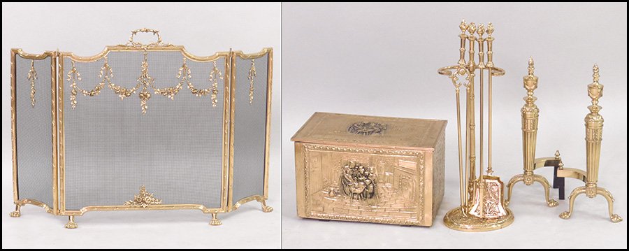 SUITE OF BRASS FIREPLACE TOOLS.: SUITE OF BRASS FIREPLACE TOOLS. Comprised of a three panel fire screen (H: 30''), a pair of andirons (H; 24''), a coal bucket bearing hammered decoration, and fireplace tools in a stand
