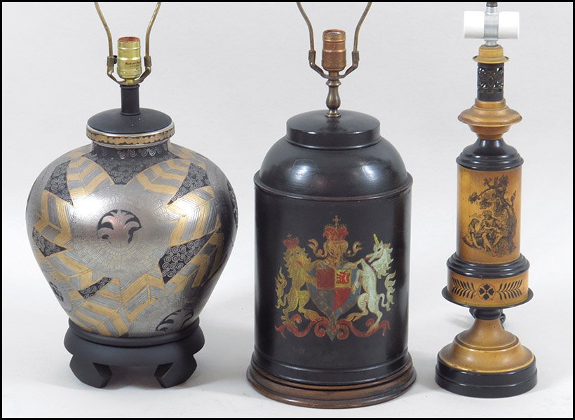 GROUP OF THREE TABLE LAMPS.: GROUP OF THREE TABLE LAMPS. Including one Frederick Cooper lamp Tallest H: 22''