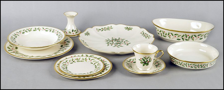 LENOX CHINA DINNER SERVICE IN THE HOLIDAY PATTERN.: LENOX CHINA DINNER SERVICE IN THE HOLIDAY PATTERN. Comprised of twenty-four dinner plates, twenty-four salad plates, twelve soup bowls, eleven all-purpose bowls, twenty-four bread plates, twenty-five 