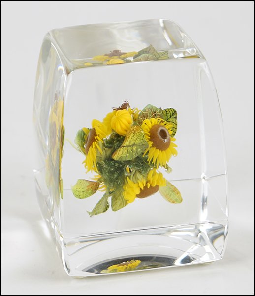 PAUL STANKARD (AMERICAN, B. 1943) UNTITLED CUBE PAPERWE: PAUL STANKARD (AMERICAN, B. 1943) UNTITLED CUBE PAPERWEIGHT. Lampwork depicts sunflowers in bloom. Interior bears a signature cane reading "Stankard" and another cane reading "Fertile". Side of paperw
