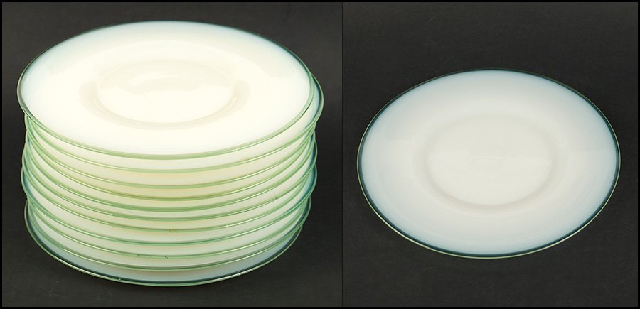 SET OF TWELVE FRY GLASS PLATES.: SET OF TWELVE FRY GLASS PLATES. In the Jade Foval pattern Diameter: 8.25"
