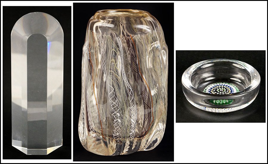 PERTHSHIRE MILLEFIORI PAPERWEIGHT DISH.: PERTHSHIRE MILLEFIORI PAPERWEIGHT DISH. Together with a Latticino glass vase (8" x 4") signed 'Fritz Driesbach Penland 1908' and a Hoya crystal sculpture (8" x 3" x 2") entitled 'Portal' bearing maker