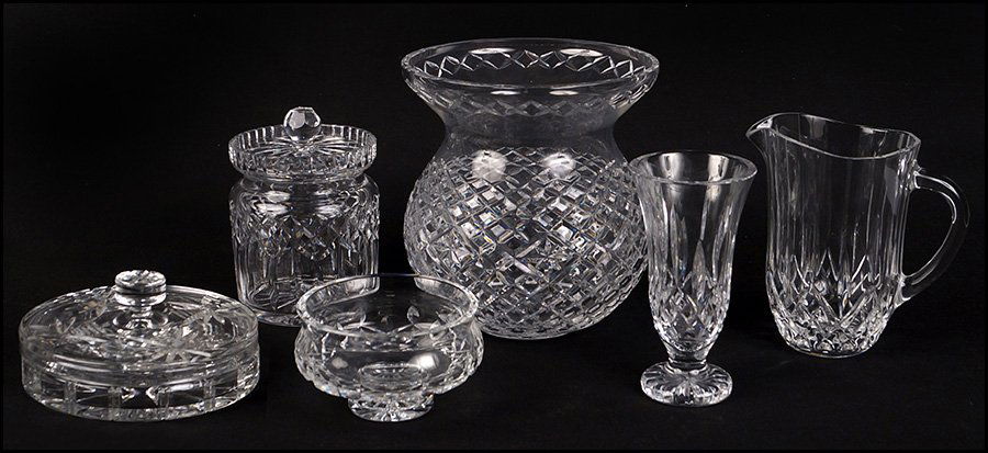 WATERFORD CRYSTAL BOUGH VASE.: WATERFORD CRYSTAL BOUGH VASE. Together with a Waterford crystal covered candy jar, a Waterford crystal trumpet vase, a Waterford crystal candy dish, a Waterford crystal covered low dish, and a cut gla