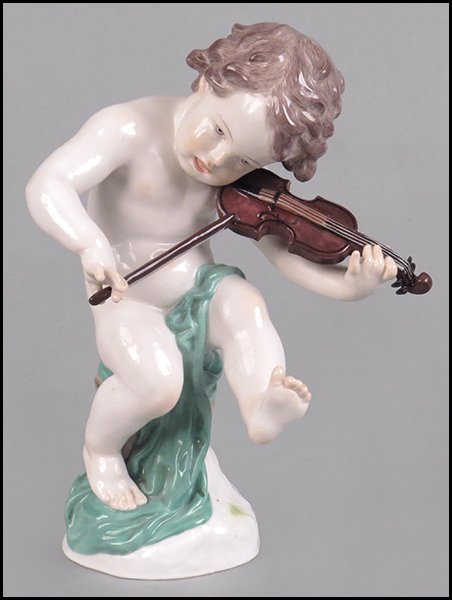 MEISSEN PAINTED PORCELAIN CHERUB WITH VIOLIN.: MEISSEN PAINTED PORCELAIN CHERUB WITH VIOLIN. Height: 9"