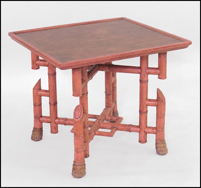 CHINOISERIE STYLE PAINTED WOOD SQUARE TOP OCCASIONAL TA: CHINOISERIE STYLE PAINTED WOOD SQUARE TOP OCCASIONAL TABLE. Bearing faux bamboo legs 25.5'' x 27.25'' x 30''
