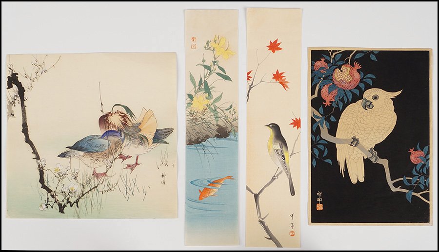 GROUP OF JAPANESE WOODBLOCK PRINTS.: GROUP OF JAPANESE WOODBLOCK PRINTS. Comprised of a Tsukioka Kogyo 'Pair of Wood Ducks', an Ohara Shoson 'Cockatoo with Pomegranates', a Koho Shoda 'Flowers and Carp', and a Watanabe Seitei 'Perched Or