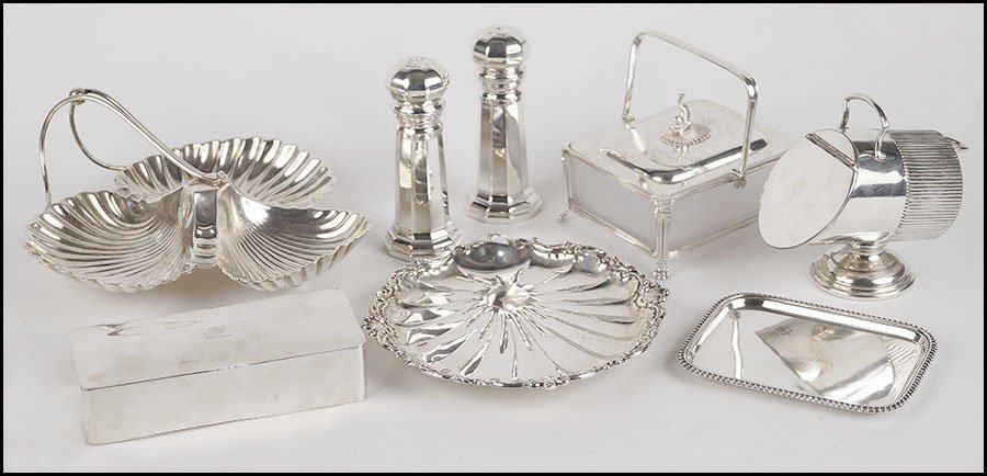 COLLECTION OF ENGLISH SILVERPLATE TABLE ARTICLES.: COLLECTION OF ENGLISH SILVERPLATE TABLE ARTICLES. Comprised of an oblong box, a footed dish, a three-section serving piece, a pair of salt and pepper shakers, a sardine box, a round tray, and a sugar 