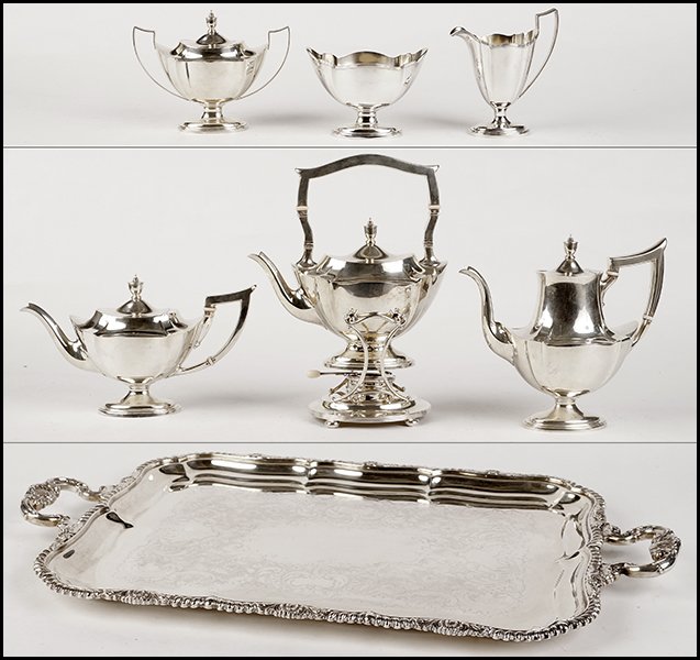 A GORHAM STERLING SILVER TEA AND COFFEE SERVICE.: A GORHAM STERLING SILVER TEA AND COFFEE SERVICE. Comprised of a coffee pot, a teapot, a hot water kettle on stand, a creamer, a covered sugar bowl, and a waste pot. Together with a Gorham silverplate 
