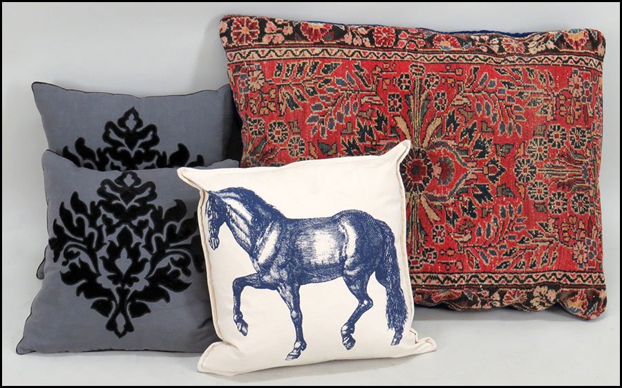 SAROUK RUG FITTED AS A PILLOW.: SAROUK RUG FITTED AS A PILLOW. Together with three down filled throw pillows Sarouk pillow: 30" x 24"