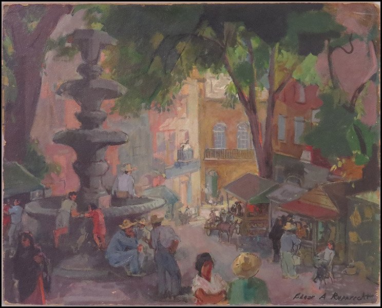 EDGAR A. RUPPRECHT (AMERICAN, 1889-1954) MARKET SCENE.: EDGAR A. RUPPRECHT (AMERICAN, 1889-1954) MARKET SCENE. Oil on board. Signed LR. Bearing R.H. Love Gallery, Chicago label verso. Unframed Board: 24" x 30"