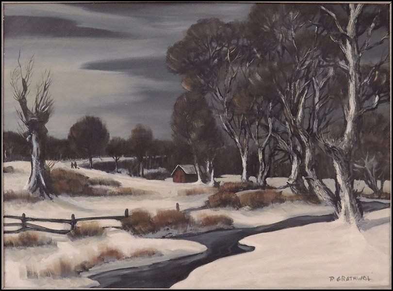 RAY GRATHWOL (AMERICAN, 1900-1992) WINTER LANDSCAPE, 19: RAY GRATHWOL (AMERICAN, 1900-1992) WINTER LANDSCAPE, 1954. Oil on canvas. Signed LR. Exhibited: The May Show, 1954, Cleveland Museum of Art 22" x 30"