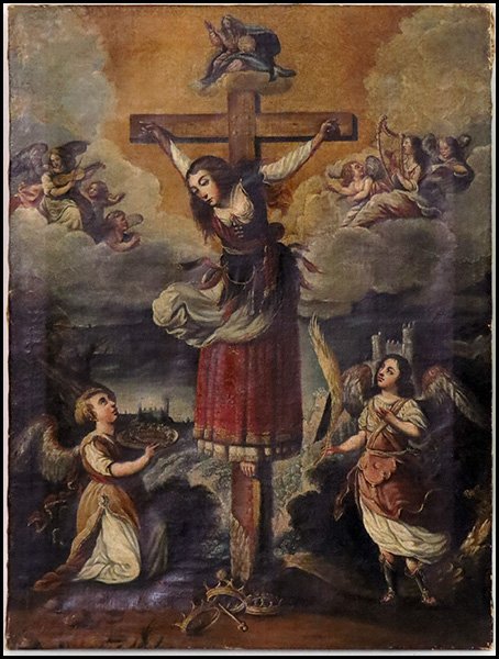 CONTINENTAL SCHOOL (17TH CENTURY) CRUCIFIED FEMALE SAIN: CONTINENTAL SCHOOL (17TH CENTURY) CRUCIFIED FEMALE SAINT, 1657. Oil on canvas. Signed "Jusepe de Pedruguera" and dated LL. Unframed Canvas: 38" x 29"