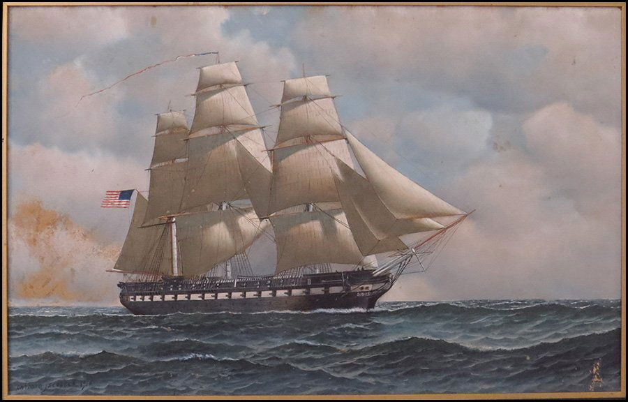 ANTONIO JACOBSEN (AMERICAN, 1850-1921) AN AMERICAN MAN-: ANTONIO JACOBSEN (AMERICAN, 1850-1921) AN AMERICAN MAN-O-WAR, 1916. Oil on board. Signed and dated LL 17.5" x 28"