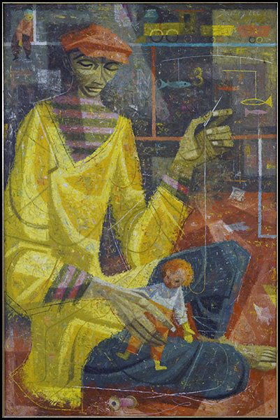 ROBERT J. LEE (AMERICAN, 1921-2004) THE TOYMAKER.: ROBERT J. LEE (AMERICAN, 1921-2004) THE TOYMAKER. Oil on canvas. Signed UR. Additionally signed and titled en verso Canvas: 36" x 24" Frame: 44" x 32"