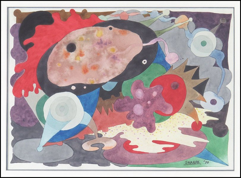 DAVID SHARPE (AMERICAN, B. 1936) ABSTRACT COMPOSITION, : DAVID SHARPE (AMERICAN, B. 1936) ABSTRACT COMPOSITION, 1970. Watercolor on paper. Signed LR. Frame: 20" x 24" Sight: 10.5" x 14.5"