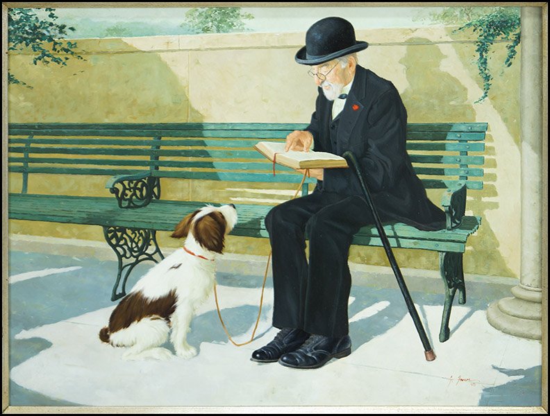 GERALD FARM (AMERICAN, B. 1935) PATIENCE.: GERALD FARM (AMERICAN, B. 1935) PATIENCE. Oil on panel, signed LR Sight: 17.5" x 23.5" Frame: 27.5" x 33.5"