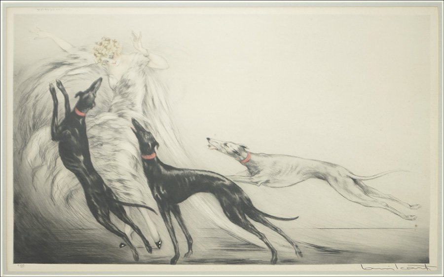 LOUIS ICART (FRENCH, 1888-1950) COURSING II.: LOUIS ICART (FRENCH, 1888-1950) COURSING II. Etching and aquatint, edition E425/500. Pencil numbered LL, and pencil signed LR. Bearing a windmill chop mark in the lower left corner Sight: 15.5" x 25.5
