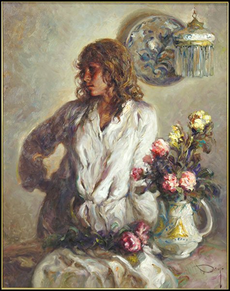 JOSE ROYO (SPANISH, B. 1945) WOMAN WITH FLOWERS.: JOSE ROYO (SPANISH, B. 1945) WOMAN WITH FLOWERS. Oil on canvas, signed LR Sight: 36" x 28" Frame: 46" x 38"