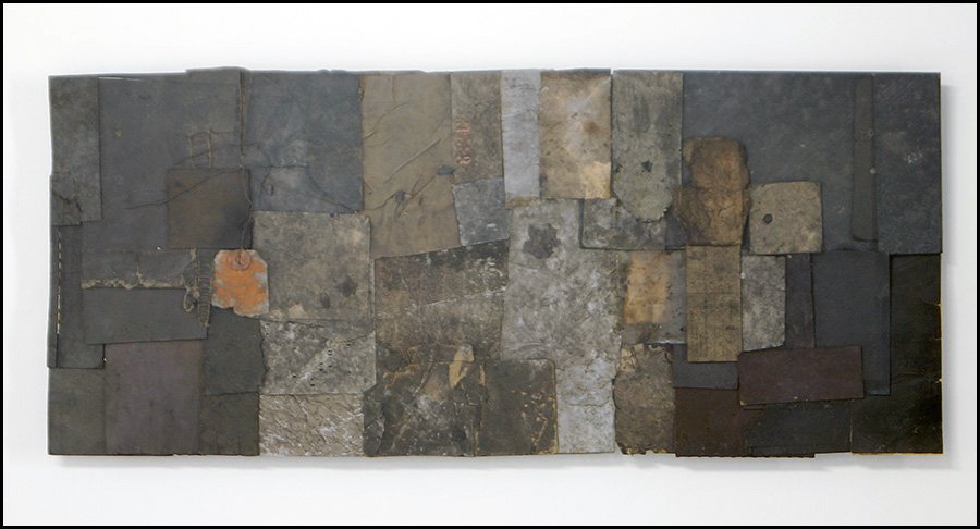 ROBERT NICKLE (AMERICAN, 1919-1980) COLLAGE #67, 1974.: ROBERT NICKLE (AMERICAN, 1919-1980) COLLAGE #67, 1974. Mixed media collage. Stamped "Robert Nickle" on lower right black square. Reverse bears a self-portrait of the artist, an etched signature, and d