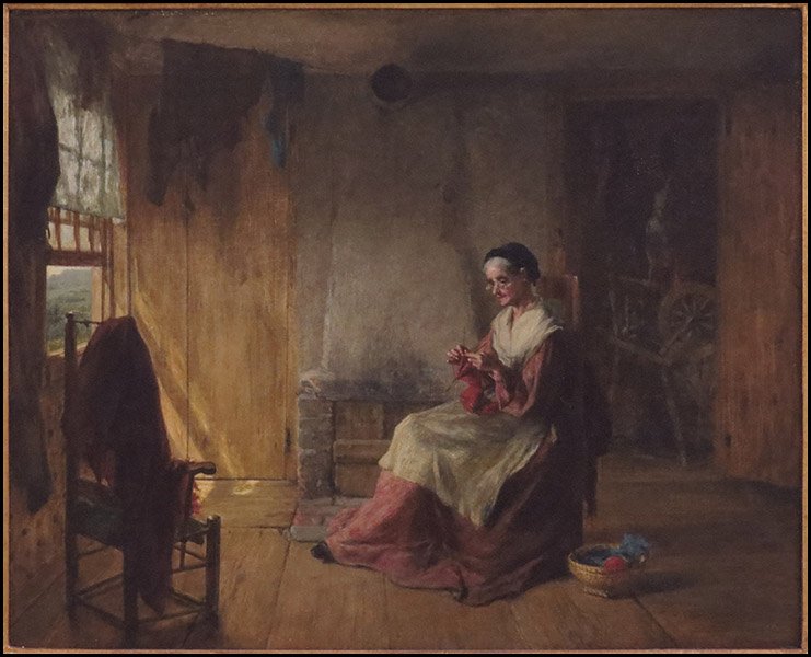 EDWIN WHITE (AMERICAN, 1817-1877) WOMAN KNITTING BY THE: EDWIN WHITE (AMERICAN, 1817-1877) WOMAN KNITTING BY THE WINDOW. Oil on canvas, laid to board. Unsigned. Bearing a Vose Galleries label en verso Board: 17.5" x 21"