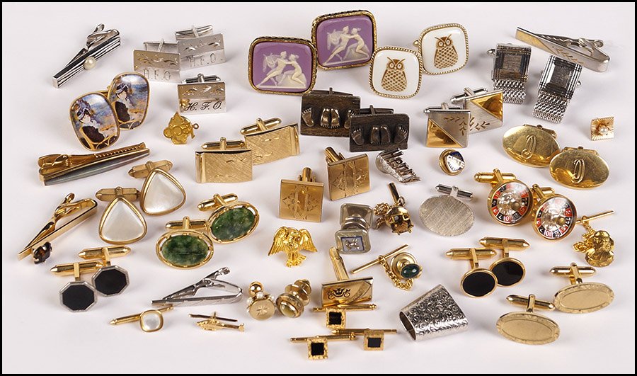 COLLECTION OF MEN'S JEWELRY.: COLLECTION OF MEN'S JEWELRY. Comprised of sixteen pairs of cufflinks, tiebars, and tie tacks. Pieces by Krementz, Swank, Dante, and others