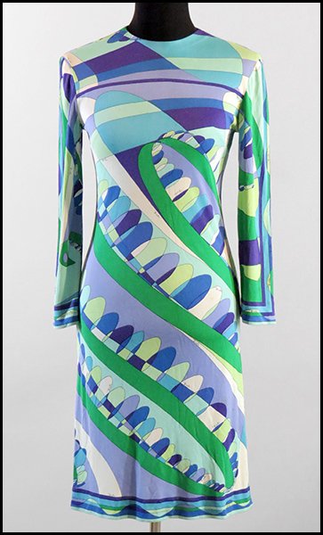 EMILIO PUCCI MULTICOLORED PRINT SILK DRESS.: EMILIO PUCCI MULTICOLORED PRINT SILK DRESS. Made in Italy, exclusively for Saks Fifth Avenue. Bearing long sleeves and a jewel neckline. Labeled. Abstract green, blue, and purple motif bears "Emilio" 