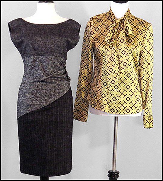GIORGIO ARMANI WOOL BLACK AND WHITE CHECKERED BLAZER.: GIORGIO ARMANI WOOL BLACK AND WHITE CHECKERED BLAZER. With lining. Together with three Giorgio Armani silk and wool blend pencil skirts (one black, one off white, one neutral). Sizes 8 and 10 Size 42