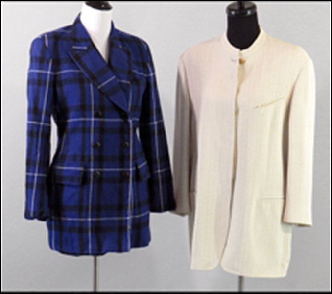 GIORGIO ARMANI LE COLLEZIONI WOOL BLEND JACKET.: GIORGIO ARMANI LE COLLEZIONI WOOL BLEND JACKET. Bearing a covered button up front. Made in Italy. Together with an Escada plaid, wool, double breasted blazer (size 10) Size 44 / US 10