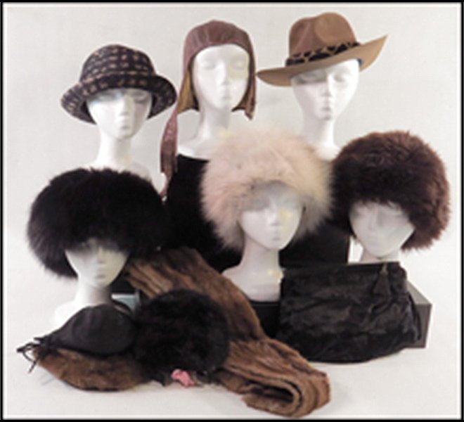 COLLECTION OF WINTER HATS AND FUR ACCESSORIES.: COLLECTION OF WINTER HATS AND FUR ACCESSORIES. Comprised of one Saks Fifth Avenue "Piedmont" wool blend silk lined hat, one Eden & Company Ltd. cowboy style hat, one Marshall Field and Company white f