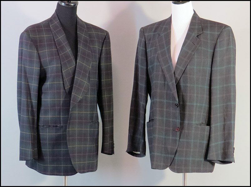 BRIONI WOOL PLAID SINGLE BUTTON JACKET.: BRIONI WOOL PLAID SINGLE BUTTON JACKET. With a shawl collar. Silk lined. Together with a Lubaim linen plaid two button jacket. Made in Italy. Both men's Size unlabeled