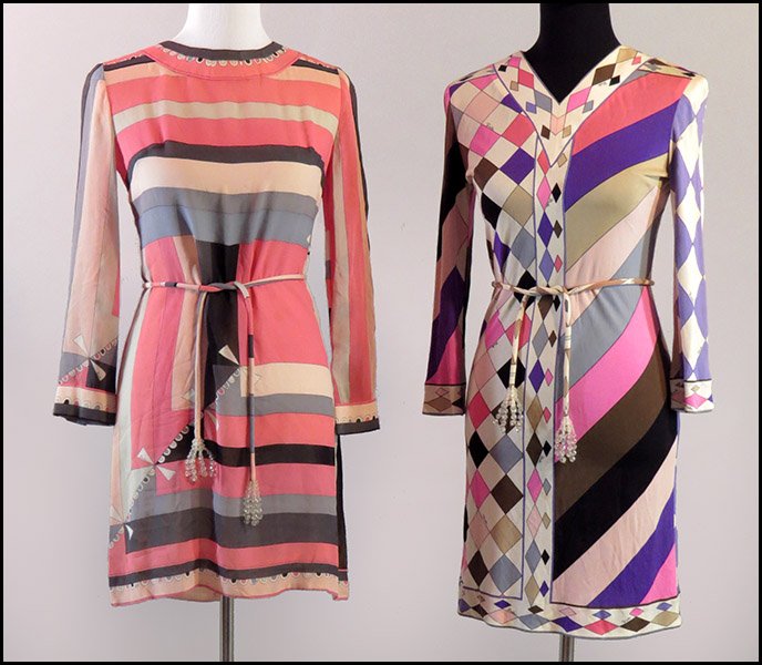 TWO EMILIO PUCCI MULTICOLORED PRINT SILK DRESSES.: TWO EMILIO PUCCI MULTICOLORED PRINT SILK DRESSES. Made in Italy. Exclusive for Saks Fifth Avenue. With self cord belts. Labeled Both size 10