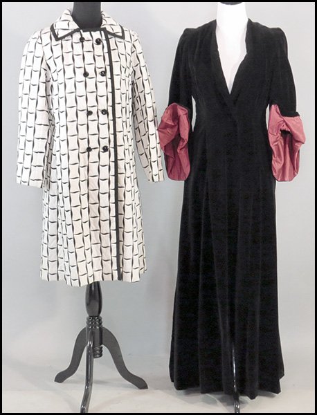 BLACK VELVET SILK LINED OPERA COAT.: BLACK VELVET SILK LINED OPERA COAT. Together with a 'Mr. R...of course' black and white print vintage coat Size: Medium