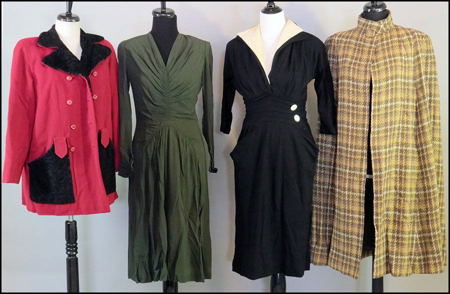COLLECTION OF WOMEN'S CLOTHING.: COLLECTION OF WOMEN'S CLOTHING. Comprised of a Monarch shearling wool coat, an unlabeled red wool skirt, a Mangone wool plaid cape, a Miss Elliotte California wool blend sweater dress with a white col