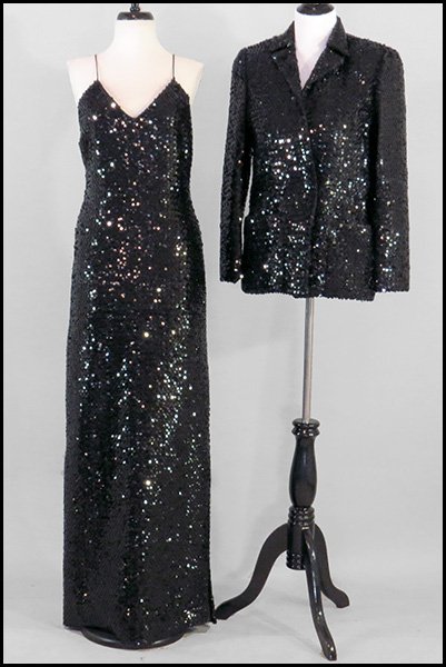 GIORGIO OF BEVERLY HILLS BLACK SEQUIN EVENING GOWN.: GIORGIO OF BEVERLY HILLS BLACK SEQUIN EVENING GOWN. Floor length. Bearing spaghetti straps. With a matching jacket Size unlabeled. Small/medium