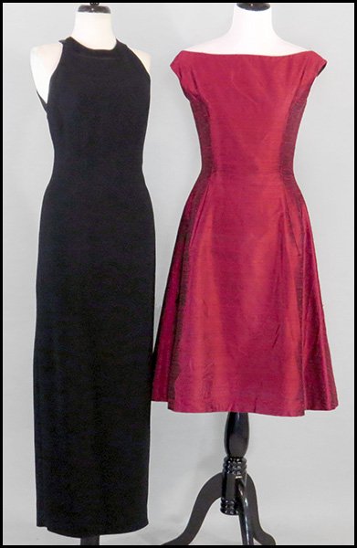 ANDREA POLIZZI FOR REX LESTER BLACK EVENING GOWN.: ANDREA POLIZZI FOR REX LESTER BLACK EVENING GOWN. Bearing a Neiman Marcus tag. Floor length. With a halter top neckline and an open back. Together with a Christina Perrin New York red cocktail dress B