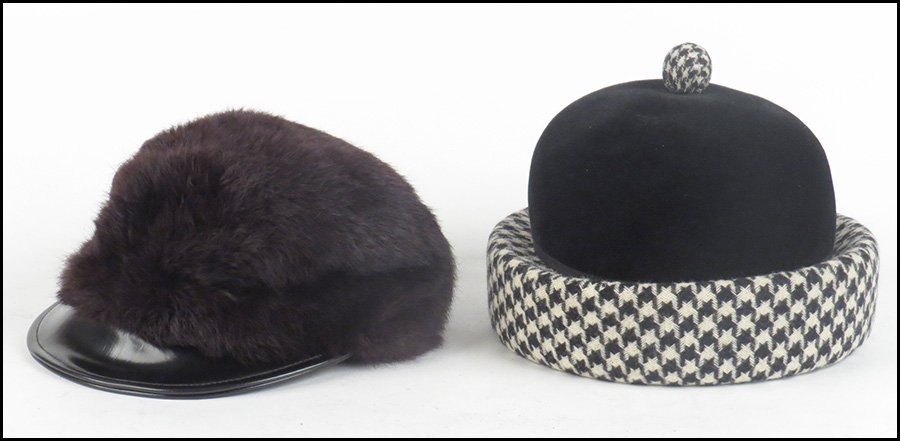 MR. JOHN BLACK VELVET AND HOUNDSTOOTH WOOL HAT.: MR. JOHN BLACK VELVET AND HOUNDSTOOTH WOOL HAT. Together with a dyed rabbit fur hat
