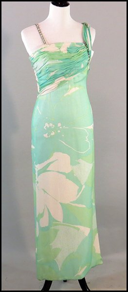 MURRAY ARBEID LONDON PRINTED CHIFFON GOWN.: MURRAY ARBEID LONDON PRINTED CHIFFON GOWN. Bearing rhinestone straps and a built in bodice. Made in Great Britain for Sakowitz Size: Medium