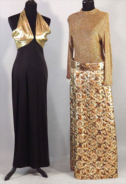 1970'S ERA CARILLON GOLD LAME BROCADE GOWN.: 1970'S ERA CARILLON GOLD LAME BROCADE GOWN. Bearing a self belt. Together with a 1970's era Robert David Morton for Neiman Marcus black and gold halter evening dress Size: Medium
